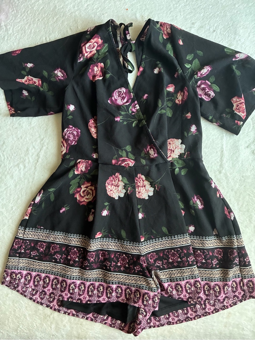 Trixxi Black Floral Romper with Pink Rose Print